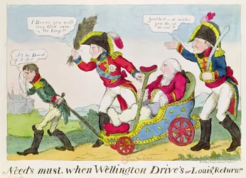 &39;Needs Must quando Wellington Drive ou Louis&39; Return &39;, caricatura representando Luís XVIII (1755-1824) em uma carruagem dirigida pelo duque de Wellington (1769-1852) e puxada pelo imperador Napoleão (1769-182)